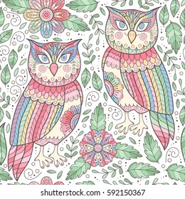 Cute flower seamless pattern with owls. Abstract garden print with owls and flowers. Scrapbook paper