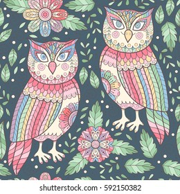 Cute flower seamless pattern with owls. Abstract garden print with owls and flowers. Scrapbook paper