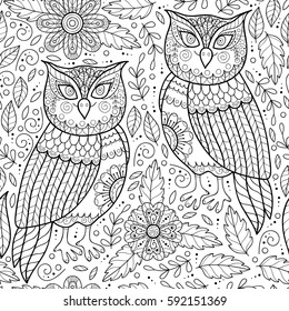Cute flower seamless pattern with owls. Abstract garden print with owls and flowers. Black and white outline background. Monochrome leaf pattern