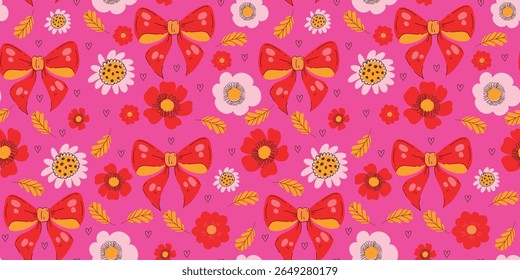 Cute Flower Seamless Pattern with Red Ribbons. Feminine repeatable background perfect for fashion, clothing, cards, invitations, wrapping paper