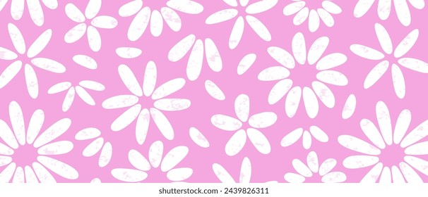 Cute flower seamless pattern, spring floral background, groovy chamomile print, cartoon summer daisy pastel pink textile grunge texture. Abstract naive bg. Vector illustration