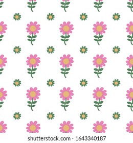 Cute flower seamless pattern vector background. An illustration with pink, yellow, and green colors on isolated white layer. For children fabric, cloth, backdrop. Printable eps 10 format.