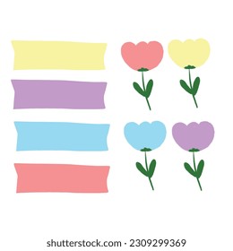 Cute flower. Set of ribbons. Cute collection of text banners. Vector design elements.A set of hand-drawn spring icons.