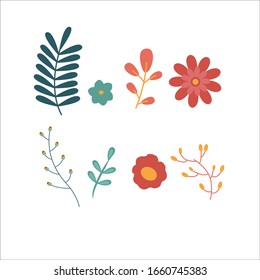 Cute flower set. Vector illustration isolated on a white background.Cartoon flowers. Bright colors for summer map design.