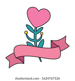 cute flower in shape heart with branch and ribbon vector illustration design
