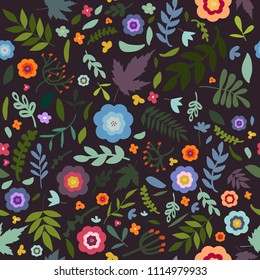 Cute flower simple minimalistic seamless pattern graphic design for paper, textile print. Floral background with hand drawn flowers and leaves.