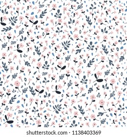 Cute flower simple minimalistic seamless pattern graphic design for paper, textile print. Floral background with hand drawn flowers and leaves.