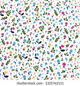 Cute flower simple minimalistic seamless pattern graphic design for paper, textile print. Floral background with hand drawn flowers and leaves.
