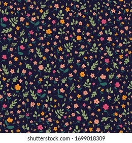 Cute flower simple minimalistic seamless pattern graphic design for paper, textile print. Floral background with hand drawn flowers and leaves.