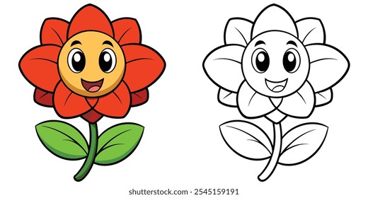 Cute Flower Smile Cartoon Coloring Pages For Kids. Easy Flower Coloring Book Printable. Flower Cartoon Vector Illustration