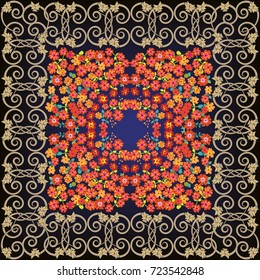 Cute flower square composition. Vintage style millefleurs. Floral enchanting background for modern scarf print, textile, covers, surface, scrapbooking, decoupage. Bandana, shawl, tartan design.