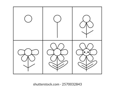 Cute flower. Step by step drawing. Coloring page, coloring book page. Black and white vector illustration.