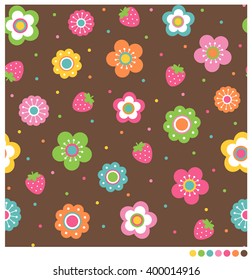 Cute flower and strawberry seamless vector pattern