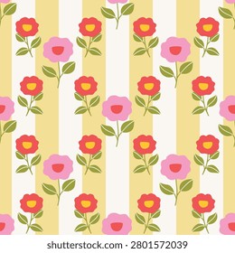 Cute flower stripe seamless pattern vector. Retro floral design with pink and red blossoms, green leaves and soft cream striped background for fabric, wallpaper and stationery.