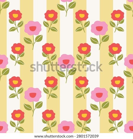 Cute flower stripe seamless pattern vector. Retro floral design with pink and red blossoms, green leaves and soft cream striped background for fabric, wallpaper and stationery.