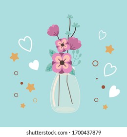 The cute flower in the transparency jar on blue background with flat vector style. can use for banner and pattern,graphic,etc.