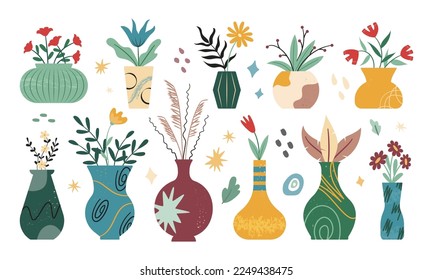 Cute flower vase, doodle pots. Home flowerpot with summer nature, hand drawn spring leaf. Cartoon bouquets in interior botany collection isolated elements. Vector color utter illustration