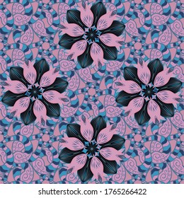 Cute flower vector pattern. Colour Spring Theme seamless pattern Background. Flat Flower Elements Design. Flowers on blue, black and neutral colors.