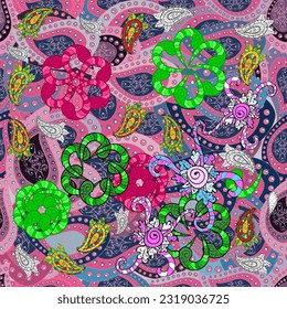 Cute flower vector pattern. Flat Flower Elements Design. Flowers on green, violet and pink colors. Colour Summer Theme seamless pattern Background.