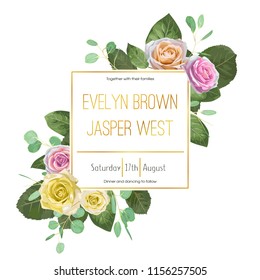 Cute flower vector watercolor square frame with colored roses and sprigs of eucalyptus isolated on white background. For wedding invitations, postcards, mother's day, birthday, St. Valentine's Day