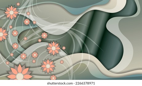 Cute flower wallpaper with 3D effect. Coral flowers of various sizes, swirling stems against a backdrop of overlapping, wavy khaki shapes. Vector.