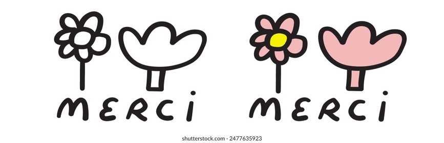 Cute flower with word Merci. It's mean thank you in French. Vector illustration on white background. Colorful and outline design.