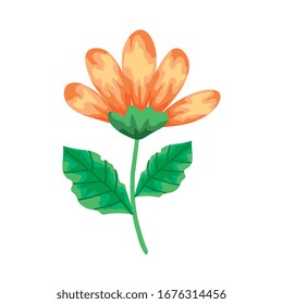 cute flower yellow color with branch and leafs isolated icon vector illustration design