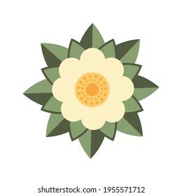 Cute flower with yellow petals and green leaves. Isolated element in the white background. Flat style illustration.