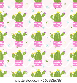 Cute Flowering Cactus Pattern - Pink Potted Plants