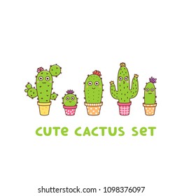 Cute flowering cactus set, in different colors pots, with flowers and faces, on a white background. It can be used for sticker, patch, phone case, poster, t-shirt, mug and other design.