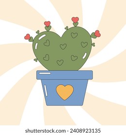 Cute flowerpot with cactus in shape of heart in retro groovy style. Positive concept in vintage 90s, 80s style. Vector hippie smile cartoon pot with blooming cacti illustration.