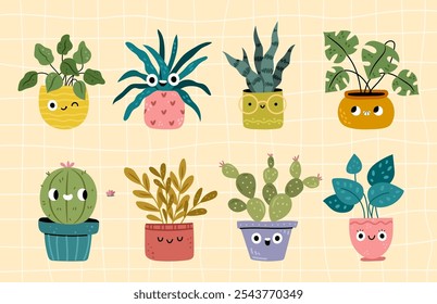 Personajes lindos de la maceta con caras divertidas y emociones. Vector en estilo plano, emoticonos aislados con hojas y follaje. Suculentas y plantas tropicales en macetas, decoración botánica para el hogar