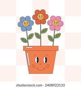 Cute flowerpot with smiling flowers in retro groovy style. Positive concept in vintage 90s, 80s style. Vector hippie smile cartoon pot with blooming flowers illustration.