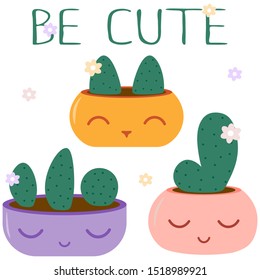 Cute flowerpots with cactuses. Kawaii cartoon flowers. Emoji elements for postcard or invitation card, poster, print. Vector illustration.