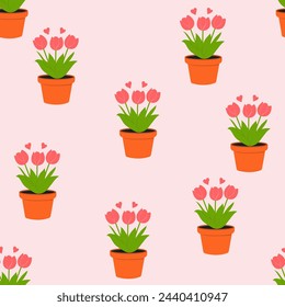 Cute flowerpots with tulips seamless spring background.Mother's Day.Pattern for textile, wallpaper, packaging, cover