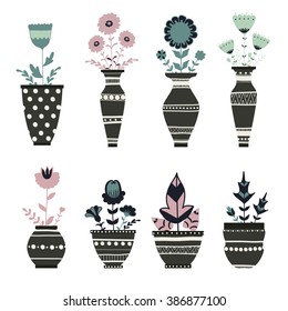 Cute flowerpots. Vector set. Gardening, flower pots. Plants. Home. Cosiness. Lovely pots with flowers