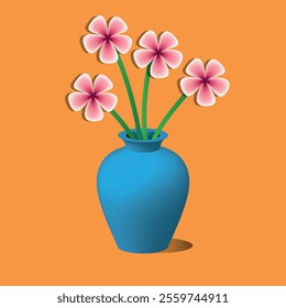 Cute flowers in 3D blue vase isolated on Orange background ,EPS 10 vector illustration design .