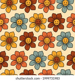 Cute flowers with 70's retro colors seamless pattern Background. Perfect for fabric, wallpaper, giftwrap, scrapbooking art and packaging design projects.