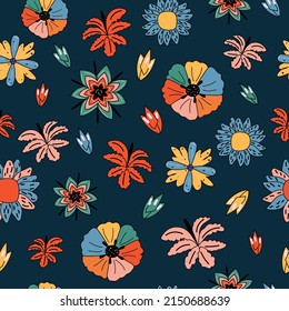 Cute flowers with 70's retro colors seamless pattern Background. Perfect for fabric, wallpaper, giftwrap, scrapbooking art and packaging design projects.