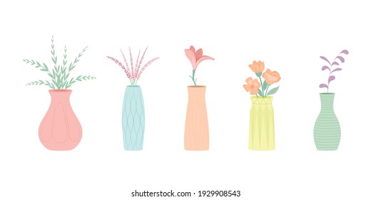 Cute flowers in beautiful vases. White background. Various flowers and vases. Vector illustration.