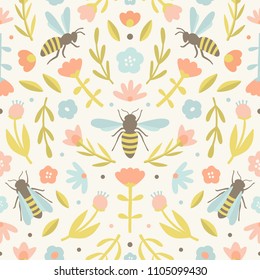 Cute flowers and bees pattern