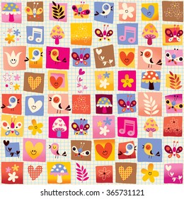 cute flowers, birds, hearts nature seamless pattern