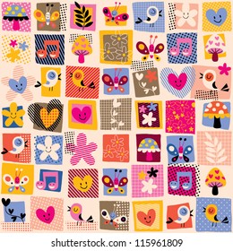 cute flowers, birds & hearts pattern