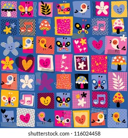 cute flowers, birds & hearts pattern