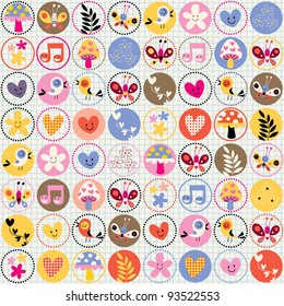 cute flowers, birds, hearts pattern