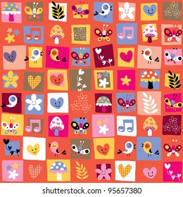 cute flowers, birds, hearts pattern