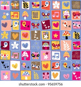 cute flowers, birds, hearts pattern