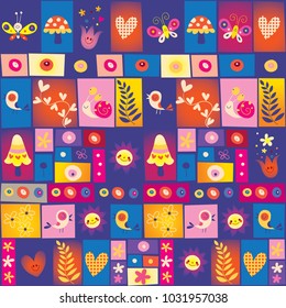 cute flowers birds mushrooms and snails collage nature pattern