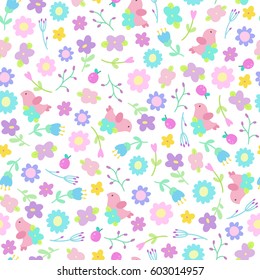 Cute flowers and birds seamless pattern. Vector hand drawn cartoon background