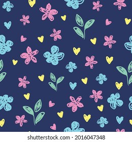 Cute Flowers blue background print for textile Vector illustration. The drawn small flowers beautiful illustration for the fabric. Design ornament pattern seamless. 